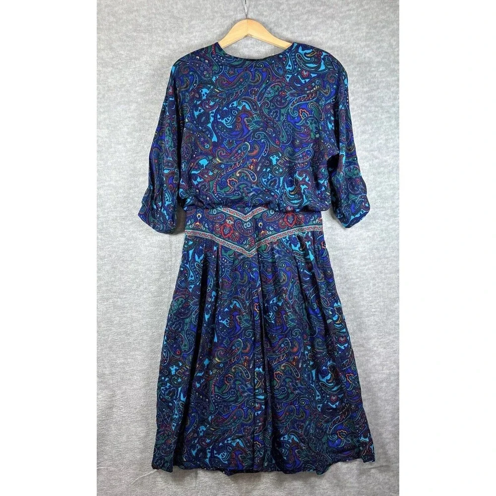 70s‎ Dress M/L Hippy Paisley Vintage Floral Boho Maxi Long Sleeve Blue Purple